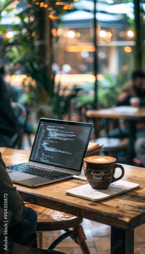 Remote Software Developer Working in Cozy Café with Laptop, Coffee, and Notebook - Perfect for Tech and Lifestyle Designs Remote Software Developer Working in Cozy Café with Laptop, Coffee, and Notebook - Perfect for Tech and Lifestyle Designs