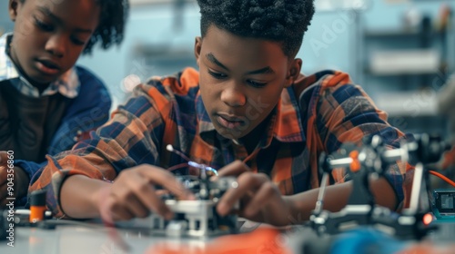 Afro American Schoolboy Building Robot in Science Workshop with Instructor Guidance - STEM Education