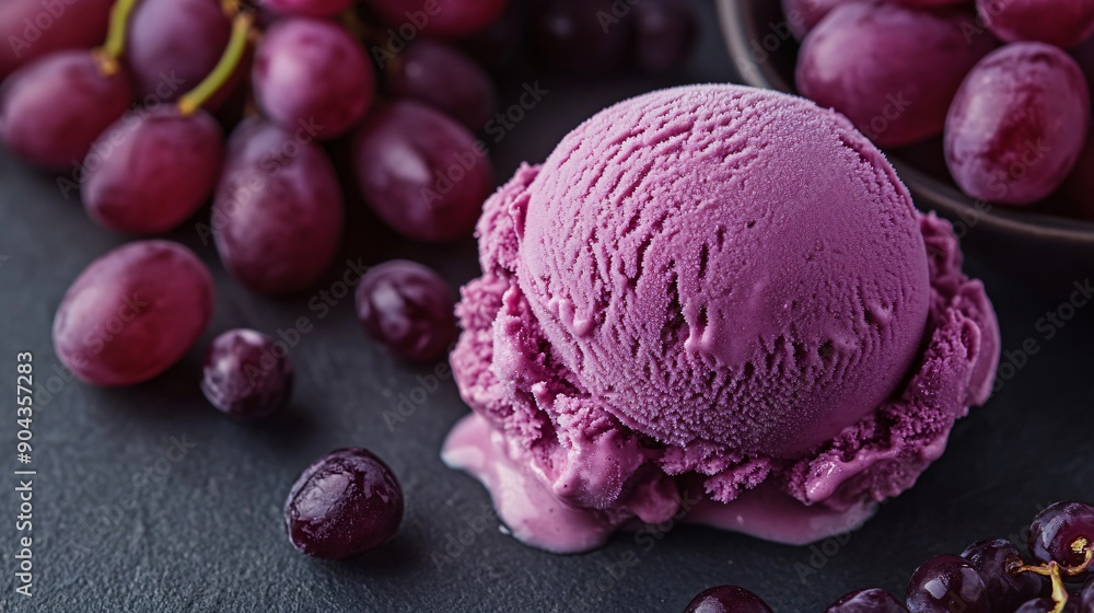 Grape next to a scoop of grape-flavored ice cream, highlighting the contrast between the fuzzy skin and the smooth ice cream Grape next to a scoop of grape-flavored ice cream, highlighting the contrast between the fuzzy skin and the smooth ice cream