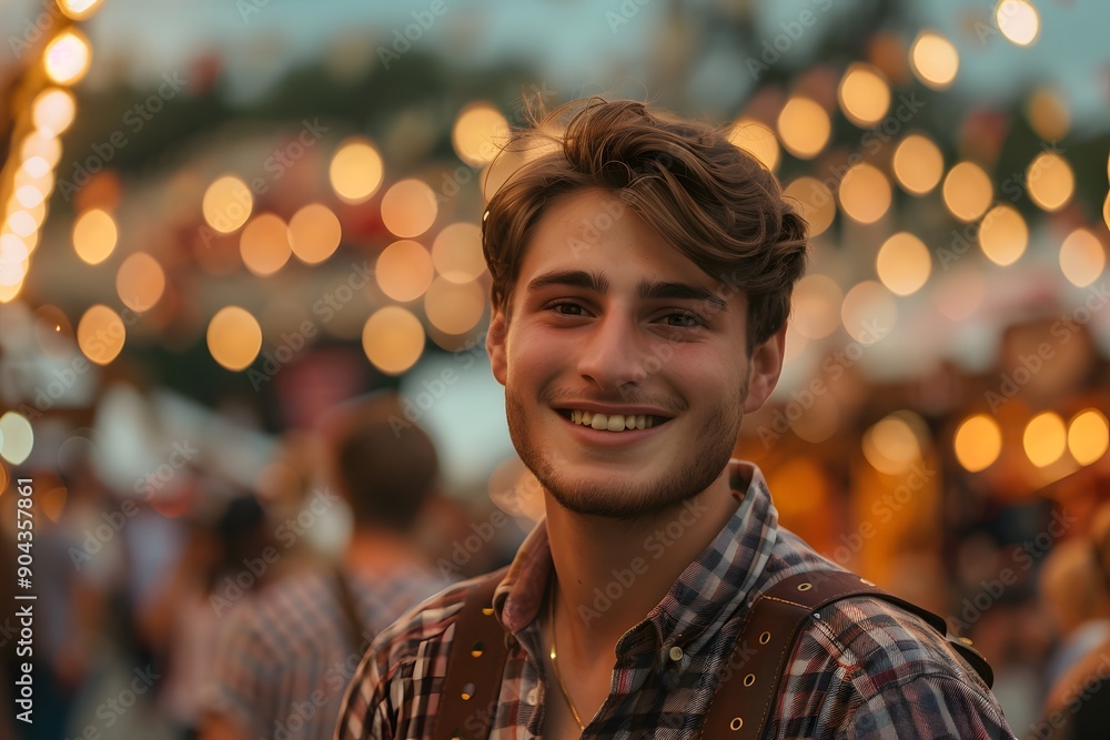 Obraz premium A young man in traditional Bavarian attire smiling brightly at an Oktoberfest celebration. The festive background with string lights adds to the joyous atmosphere.