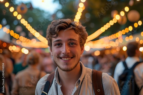 A young man in traditional Bavarian attire smiling brightly at an Oktoberfest celebration. The festive background with string lights adds to the joyous atmosphere.