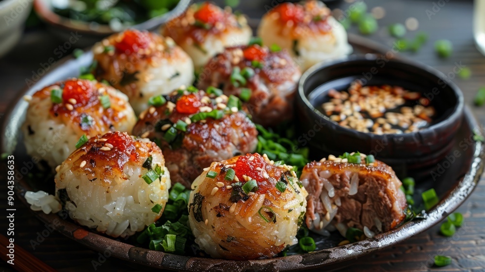Tender beef and burdock rice balls served on a wooden platter Tender beef and burdock rice balls served on a wooden platter