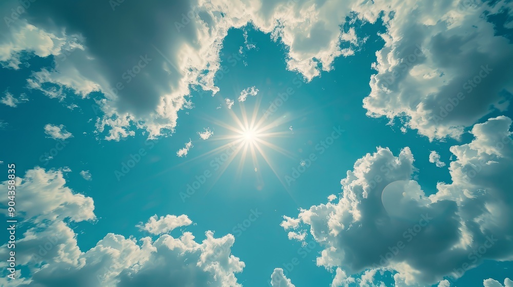 Bright sunlight piercing through fluffy clouds under clear azure sky Bright sunlight piercing through fluffy clouds under clear azure sky