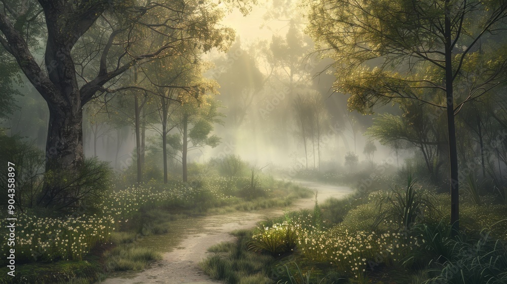 Misty morning in a tranquil forest with a winding path, evoking a sense of mystery and peace Misty morning in a tranquil forest with a winding path, evoking a sense of mystery and peace