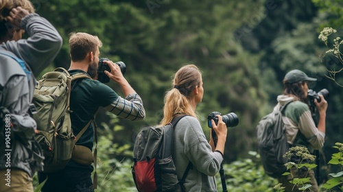 A group of birdwatchers identifying different species of birds