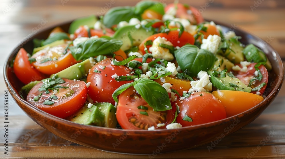 Fresh avocado tomato salad with goat cheese and basil served in rustic bowl Fresh avocado tomato salad with goat cheese and basil served in rustic bowl