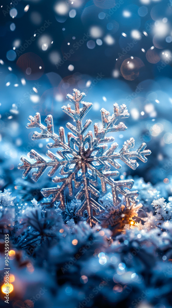 Sparkling Snowflake in Icy Winter Wonderland Lit by Twinkling Lights - Snowflake Christmas Wallpaper, Natural Icy Winter Banner with Copy-Space for Holiday Themes, Seasonal Background Image Sparkling Snowflake in Icy Winter Wonderland Lit by Twinkling Lights - Snowflake Christmas Wallpaper, Natural Icy Winter Banner with Copy-Space for Holiday Themes, Seasonal Background Image