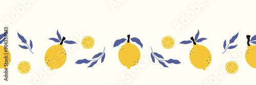 Modern seamless pattern with lemons and leaves. Botanical illustration in abstract style. Perfect for fabric, wrapping paper, greeting cards.