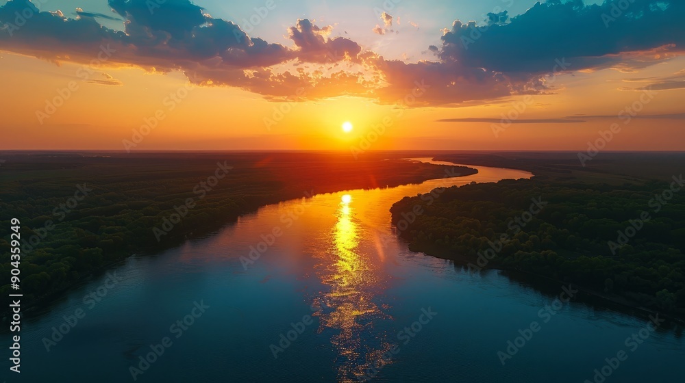 Aerial view of a sunset over a serene river surrounded by lush greenery Aerial view of a sunset over a serene river surrounded by lush greenery