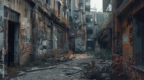 The remains of a once-bustling urban area, with crumbling buildings and graffiti-covered walls