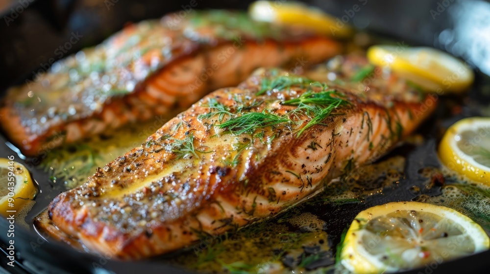 Cooking trout with lemon butter and fresh dill in a pan Cooking trout with lemon butter and fresh dill in a pan