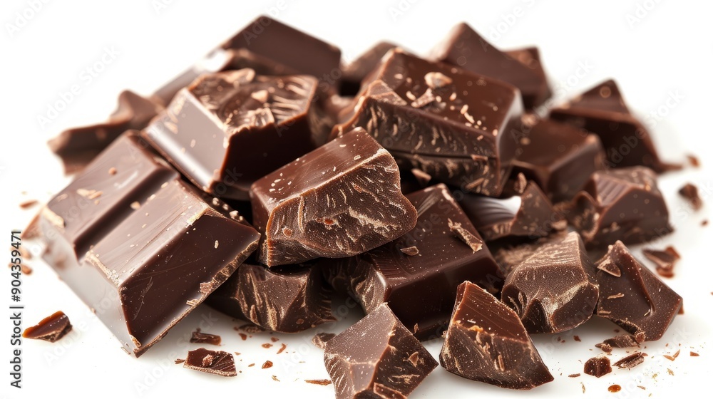 Chunks of dark chocolate gathered on a white surface Chunks of dark chocolate gathered on a white surface