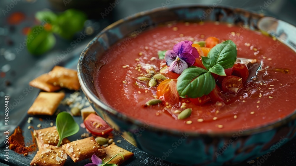 Refreshing cold tomato soup garnished with fresh herbs and crunchy crackers Refreshing cold tomato soup garnished with fresh herbs and crunchy crackers