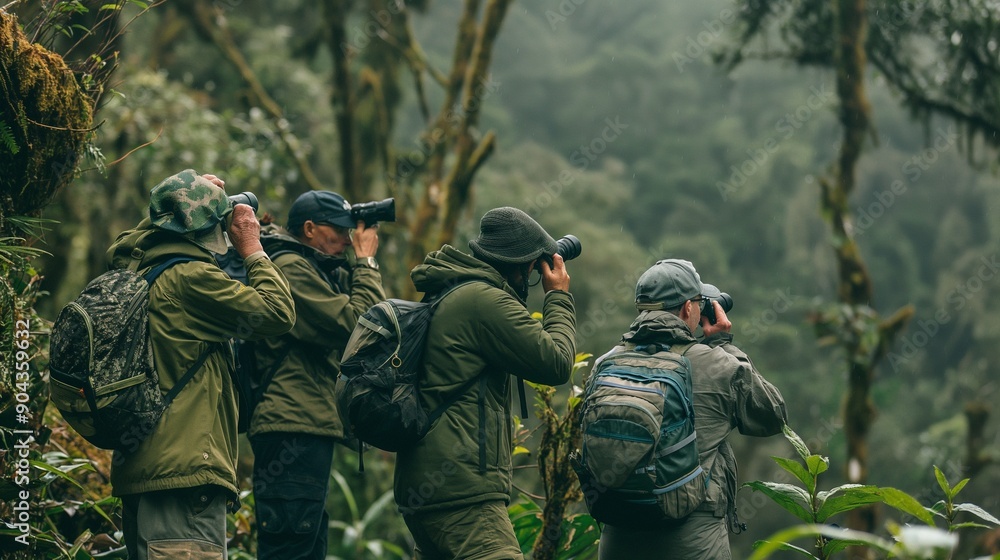 A group of birdwatchers identifying different species of birds A group of birdwatchers identifying different species of birds