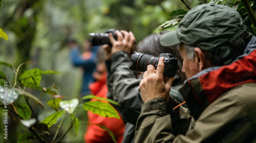 A group of birdwatchers identifying different species of birds A group of birdwatchers identifying different species of birds