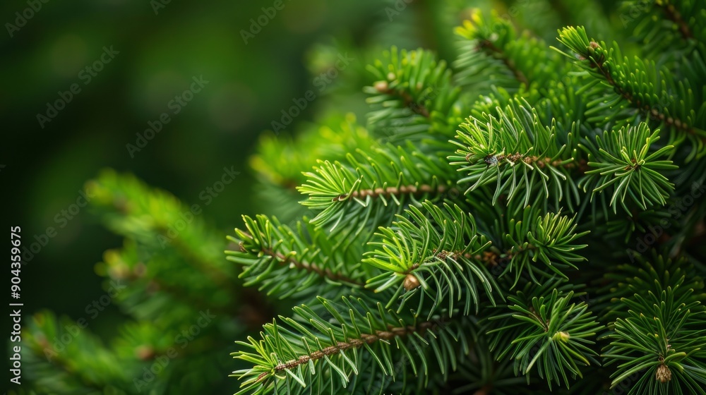 Close up of short conifer tree needles on green branch in natural setting Close up of short conifer tree needles on green branch in natural setting