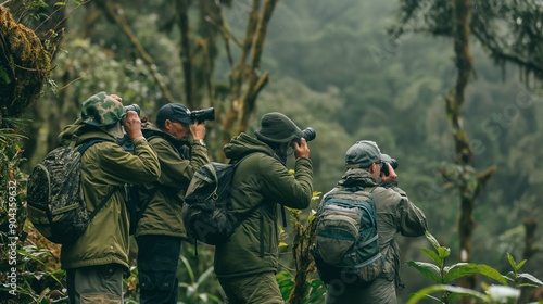 A group of birdwatchers identifying different species of birds