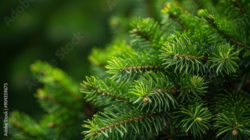 Close up of short conifer tree needles on green branch in natural setting