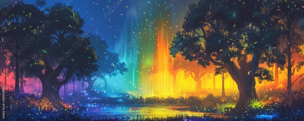 Fototapeta premium A landscape with a magical night, a fairy-tale forest as a background or wallpaper. Digital art or AI artwork.