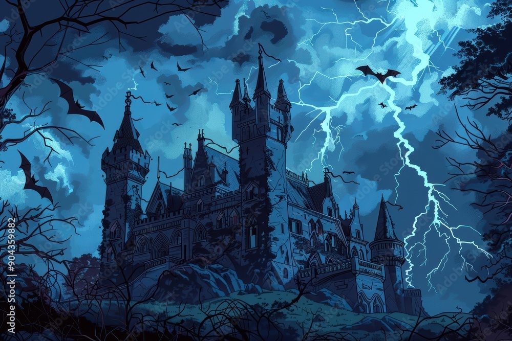 Fototapeta premium A dark, ominous castle with bats flying around, set against a stormy night sky with lightning