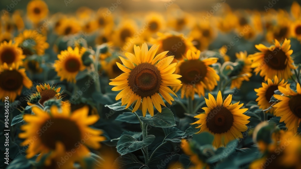 Sunflowers blooming in golden fields at sunset Sunflowers blooming in golden fields at sunset
