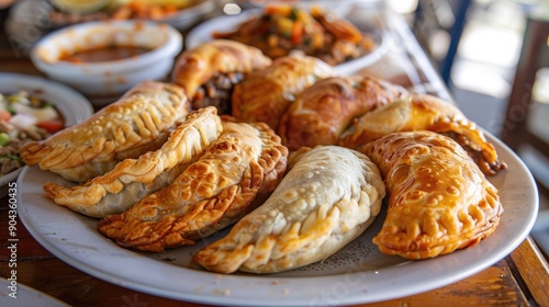 A plate of savory empanadas, with flaky pastry stuffed with a variety of fillings such as beef, chicken, or cheese. photo