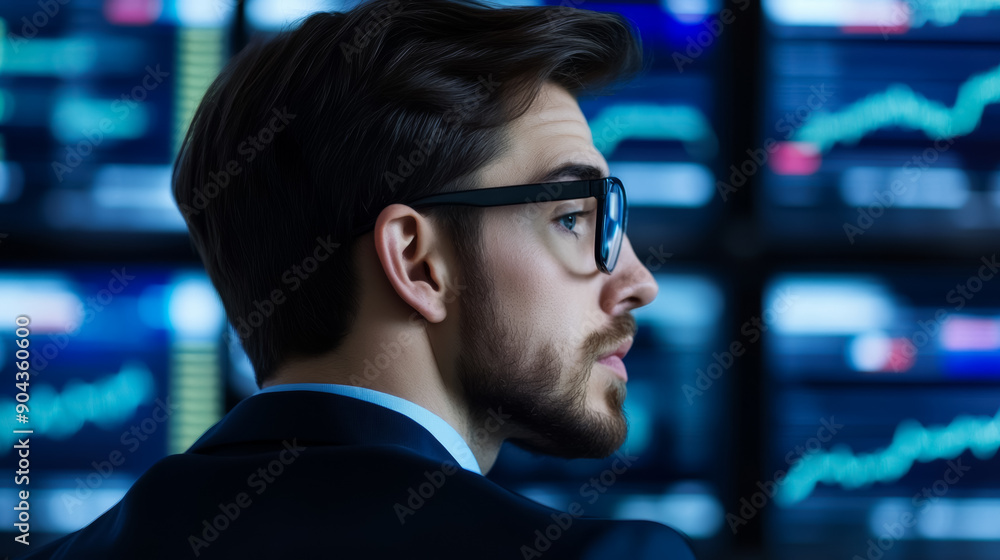 Fototapeta premium Businessperson analyzing Dollar cryptocurrency market trends on multiple digital screens