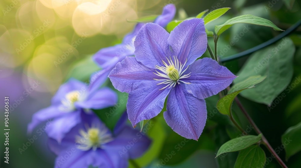Clematis flowers with toxic and medicinal properties blooming in a garden at sunset Clematis flowers with toxic and medicinal properties blooming in a garden at sunset