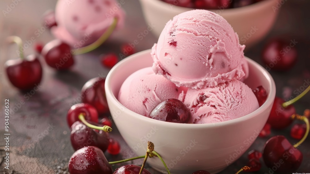 Delicious cherry flavored ice cream served in a bowl with fresh cherries Delicious cherry flavored ice cream served in a bowl with fresh cherries