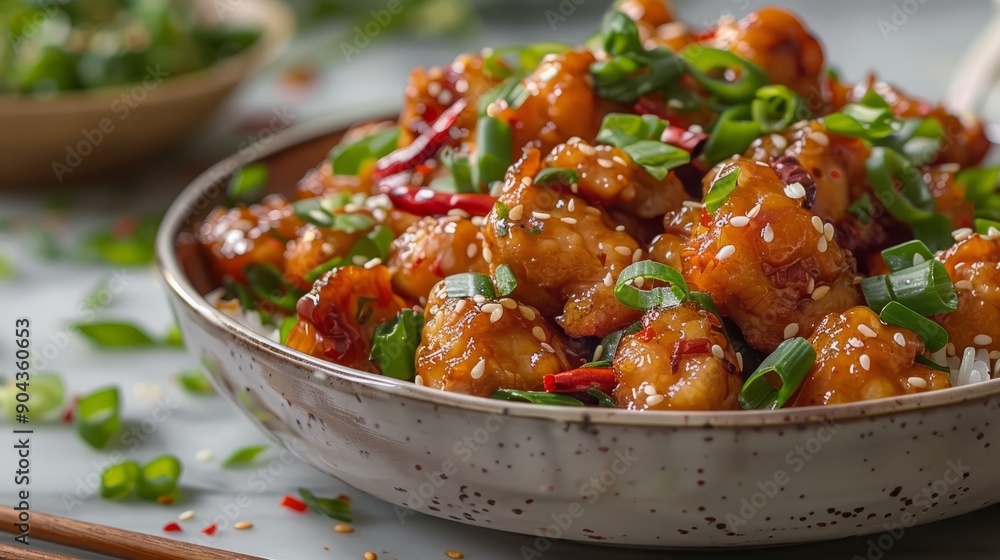 Crispy pork served with tangy sweet sauce and fresh green onions in a chinese restaurant Crispy pork served with tangy sweet sauce and fresh green onions in a chinese restaurant