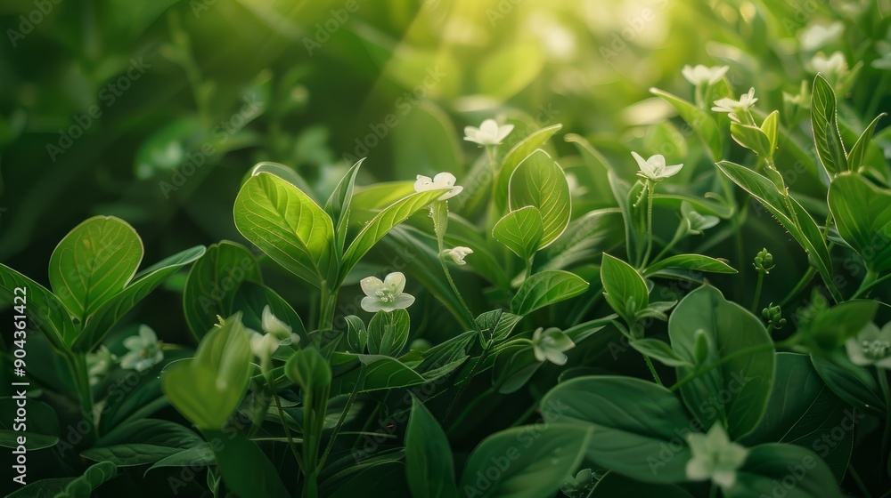Vibrant green leaves and delicate flowers in a lush natural environment Vibrant green leaves and delicate flowers in a lush natural environment