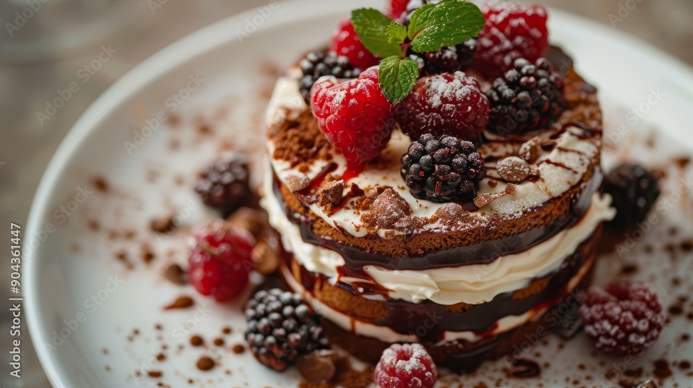 Close up of decadent layered cake with fresh berries and cream at a dessert café Close up of decadent layered cake with fresh berries and cream at a dessert café