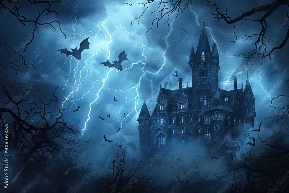Fototapeta premium A dark, ominous castle with bats flying around, set against a stormy night sky with lightning
