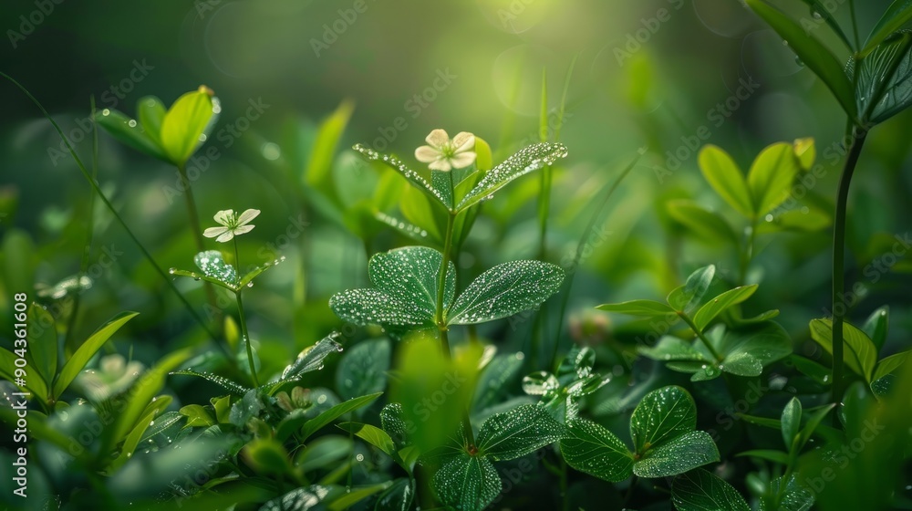 Dew-kissed green leaves and grass flowers flourishing in the morning sunlight Dew-kissed green leaves and grass flowers flourishing in the morning sunlight
