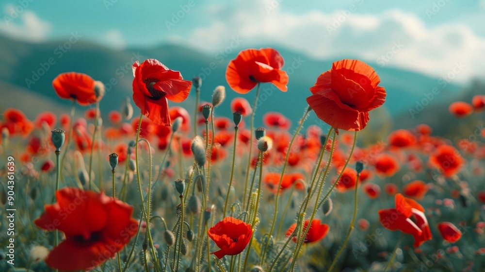 Fototapeta premium Blooming red poppies in a spring meadow under clear blue skies