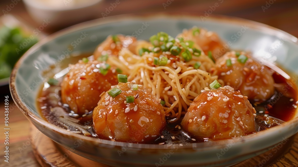 Crispy shrimp coated dumplings served with noodles and garnish Crispy shrimp coated dumplings served with noodles and garnish