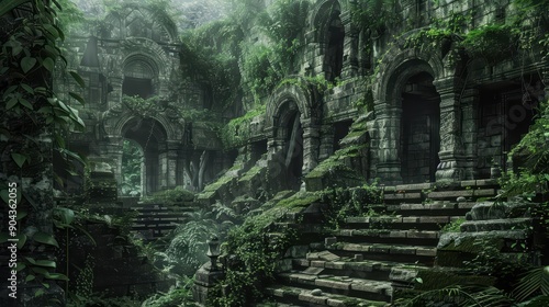 The remnants of an ancient civilization, with crumbling stone structures and overgrown vegetation