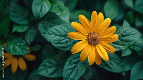 Bright yellow rudbeckia flower surrounded by lush green foliage during midday bloom