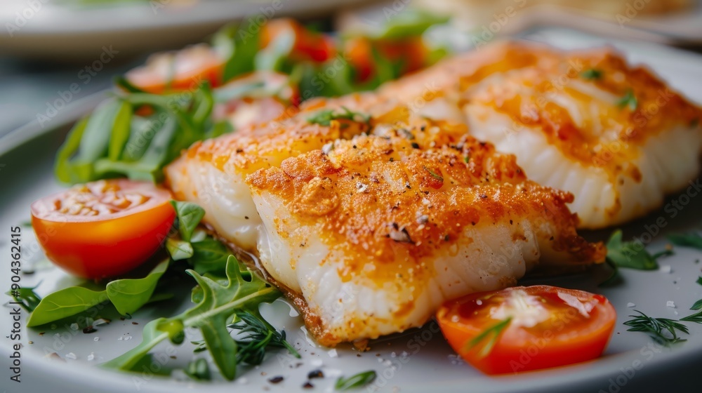 Fried cod fillets served with fresh salad and cherry tomatoes Fried cod fillets served with fresh salad and cherry tomatoes