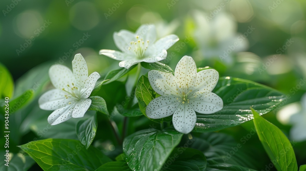 Delicate white flowers with spotted centers blooming in lush greenery Delicate white flowers with spotted centers blooming in lush greenery
