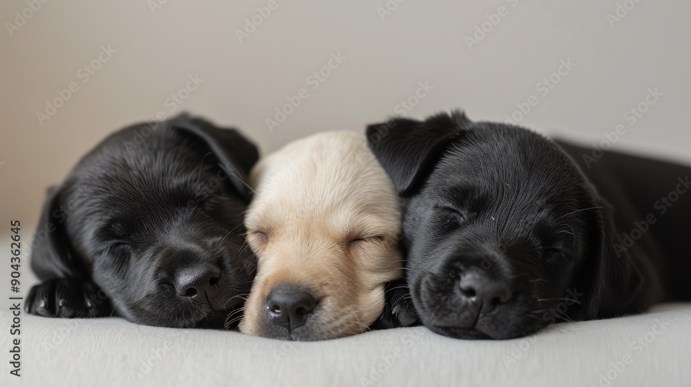 Yellow and black labrador puppies napping together on a soft surface Yellow and black labrador puppies napping together on a soft surface