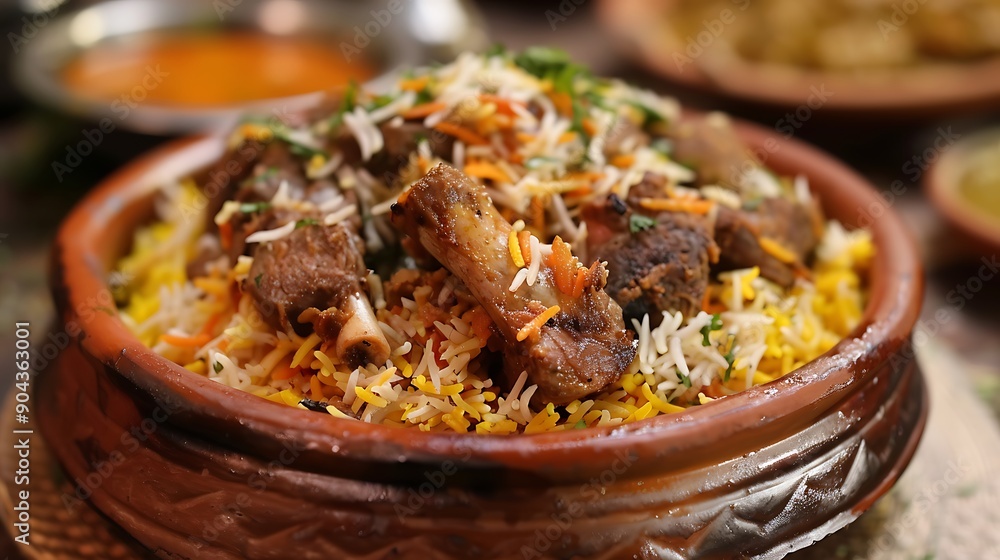 The aromatic and delectable mutton biryani meal is presented on a brown platter