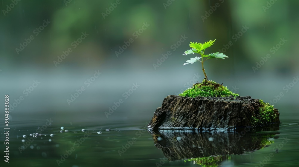 Small resilient plant thriving atop weathered log in serene water environment Small resilient plant thriving atop weathered log in serene water environment