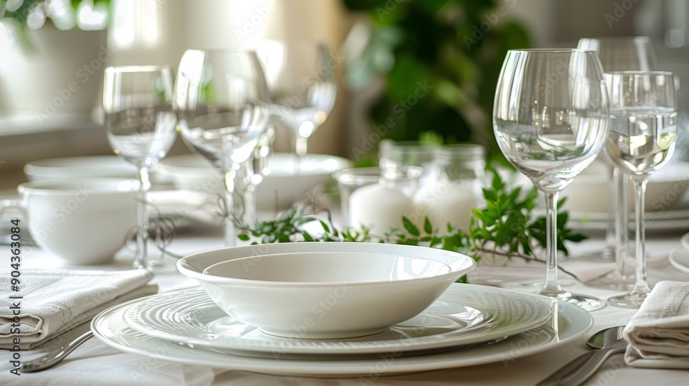 Elegant table setting with pristine plate and glassware for a special occasion Elegant table setting with pristine plate and glassware for a special occasion