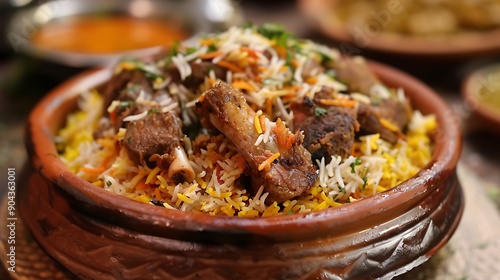 Obraz na płótnie The aromatic and delectable mutton biryani meal is presented on a brown platter w salonie