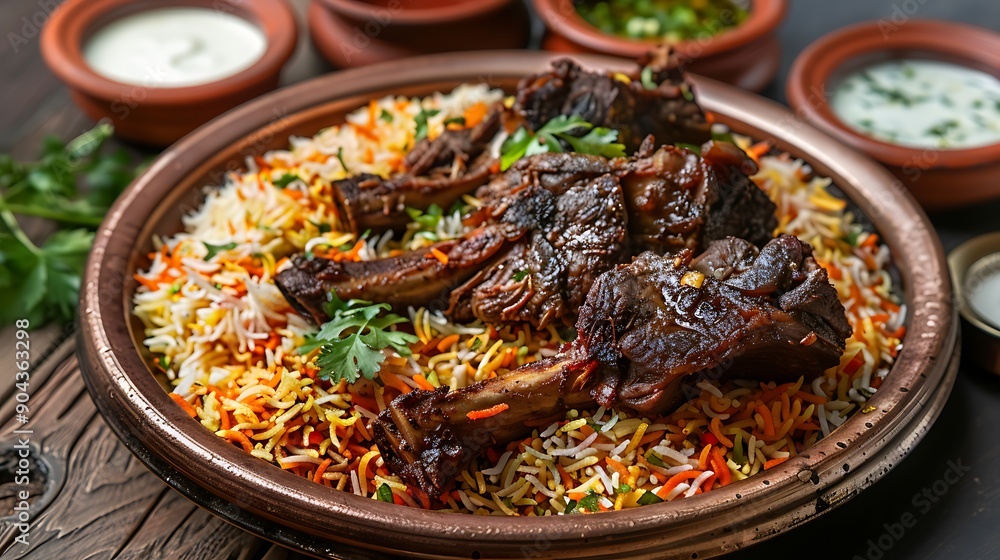 The aromatic and delectable mutton biryani meal is presented on a brown platter