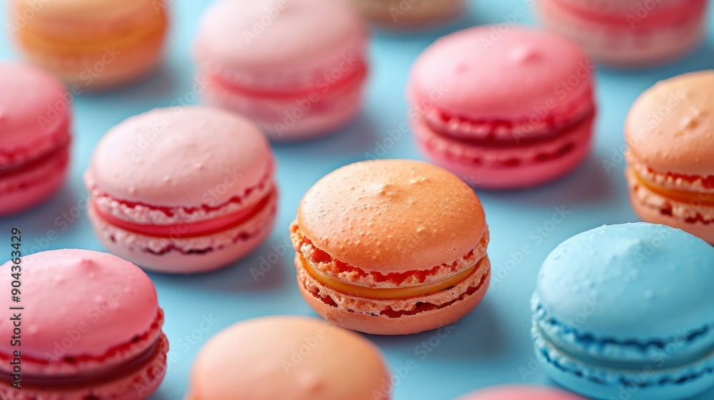 Colorful macarons arranged on a light blue paper backdrop Colorful macarons arranged on a light blue paper backdrop