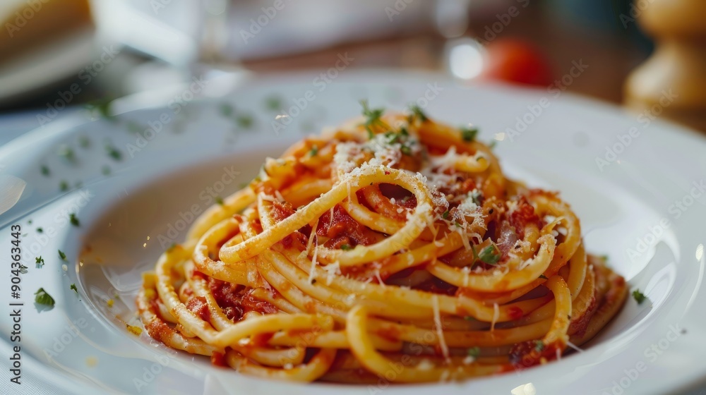 Zesty red sauce pasta served on white plate at cozy restaurant Zesty red sauce pasta served on white plate at cozy restaurant