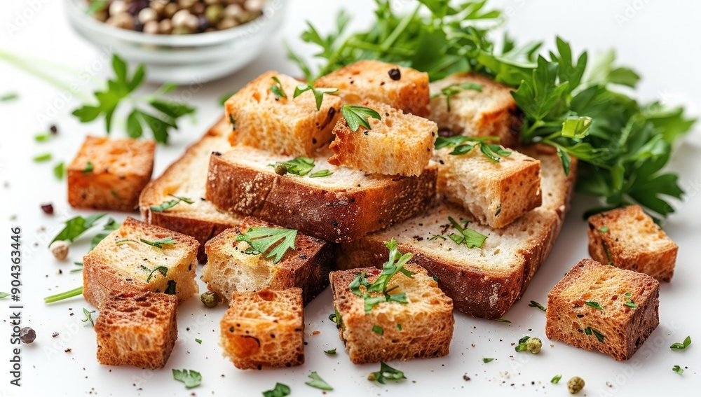 Sliced bread with some fresh croutons on white background. Sliced bread with some fresh croutons on white background.