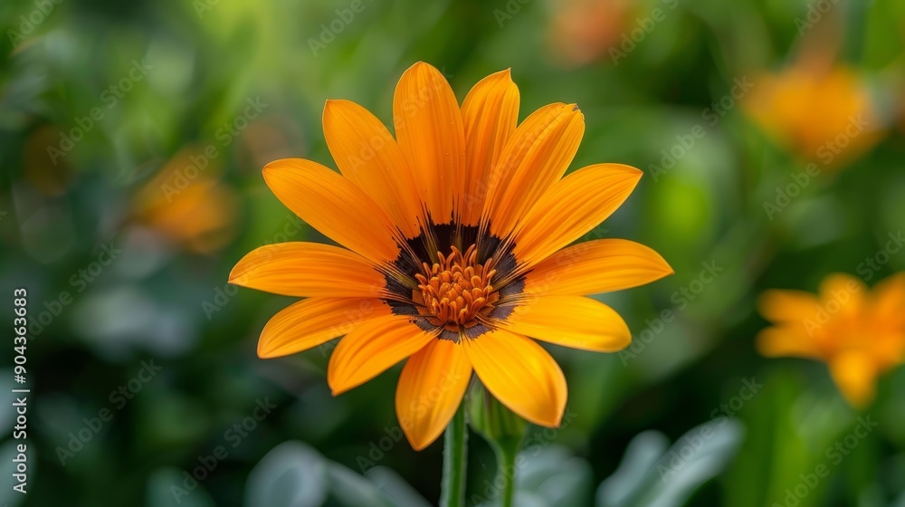 Bright orange gazania rigens flower blooming in a lush garden setting Bright orange gazania rigens flower blooming in a lush garden setting
